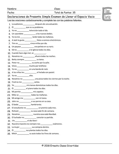 Present Simple Tense Statements Spanish Fill In The Blanks Exam