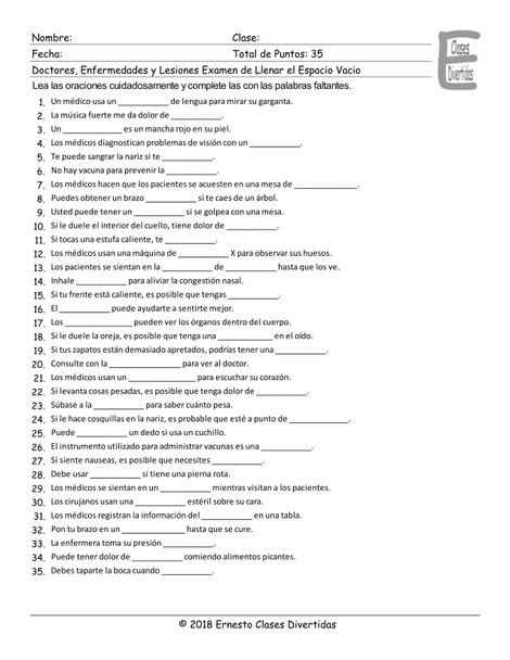 Doctor's, Illnesses, and Injuries Spanish Fill In The Blanks Exam