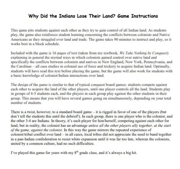 Why Did the Indians Lose Their Land? strategy game including text