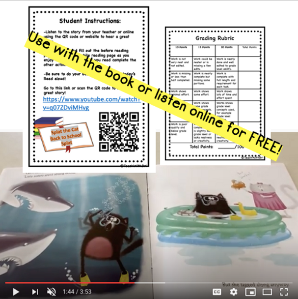 Virtual Read-A-Loud- Splat the Cat, Back to School Splat- Student Reading Activities for Beginning of School Year