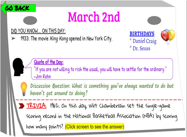 Daily Warm-Up, Closers for Class: Facts- Did You Know?-- March