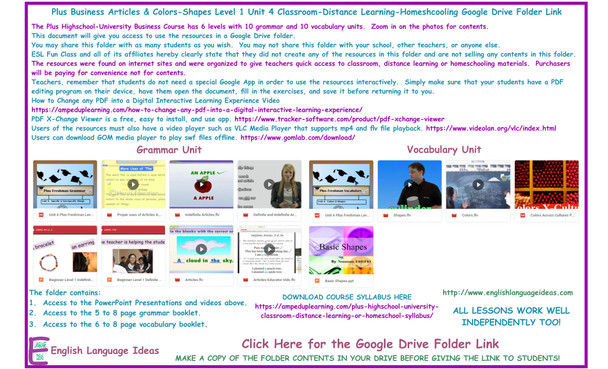 Plus Business Study Bundle Articles & Colors-Shapes for Distance Learning or Homeschooling Google Drive Folder Link