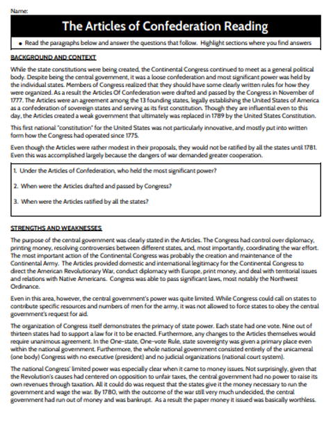 Articles of Confederation Reading