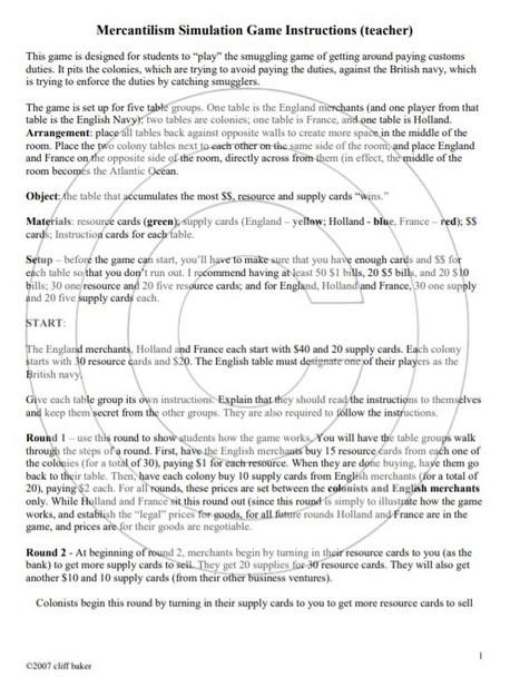 Mercantilism Simulation Game