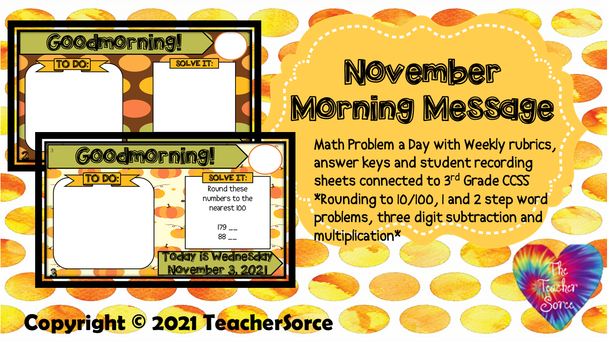 Third Grade November Editable Morning Message Solve It