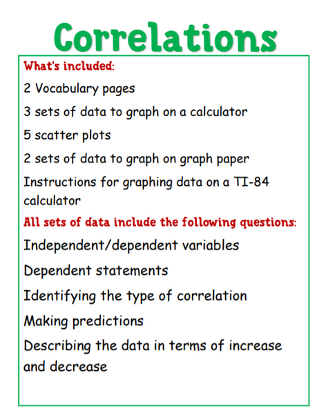 Correlations-Graphing, Reading, Vocabulary, Line of Best Fit and Predictions