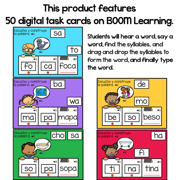 BOOM Cards Escucha y construye palabras de dos sílabas. Distance learning