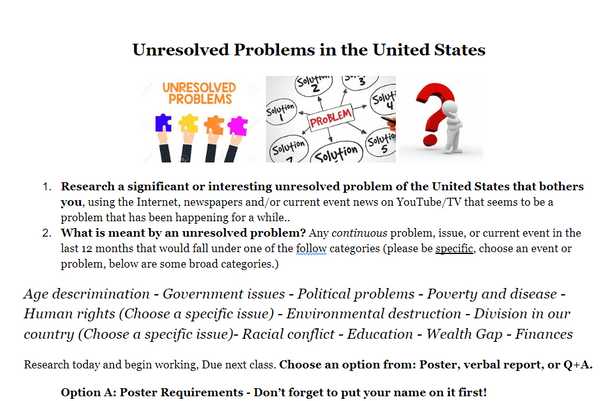 Unresolved Problems and possible Solutions Activity Distance Learning Assignment Social Studies