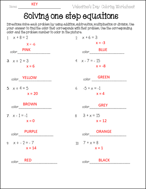 Valentine's Day One Step Equations Coloring Activity