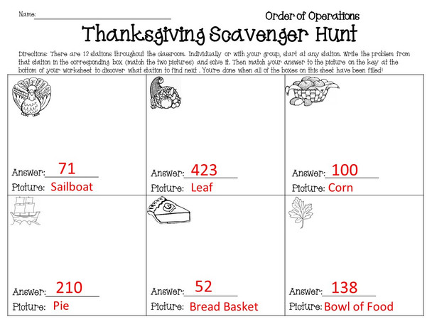 Thanksgiving Order of Operations Scavenger Hunt Activity