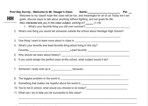 First Day of School Survey of Student Interests and Goal Setting for Distance Learning