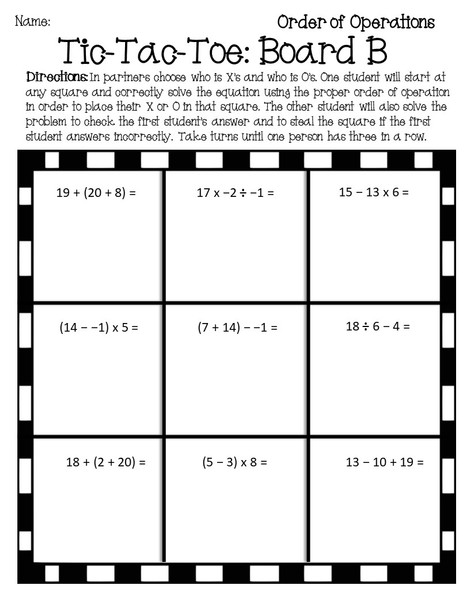 Order of Operations Tic Tac Toe Game