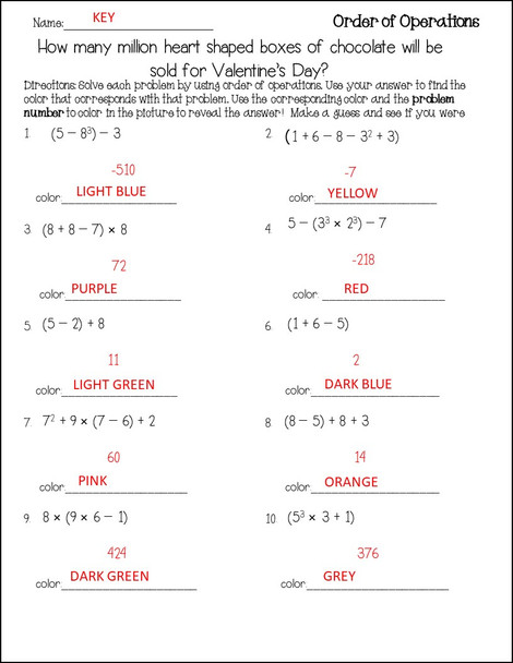 Valentine's Day Order of Operations Color Reveal Activity