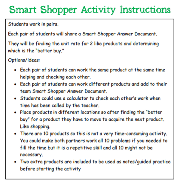 Unit Rates Notes and Smart Shopper Activity 