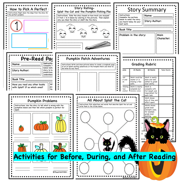  Read-A-Loud Activities- Splat the Cat and the Pumpkin Picking Plan- Includes Both Digital and PDF Versions