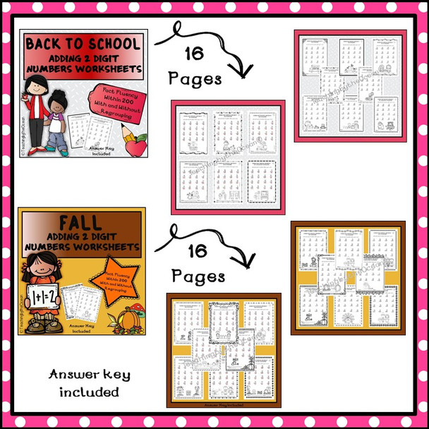 Adding 2 Digit Numbers Worksheets - All Year BUNDLE