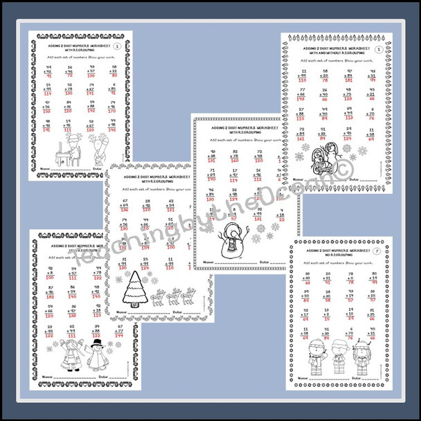 Adding 2 Digit Numbers Worksheets - Winter / Christmas Themed