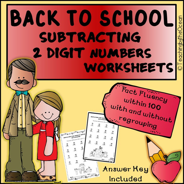 Subtracting 2 Digit Numbers Worksheets - Back to School Themed