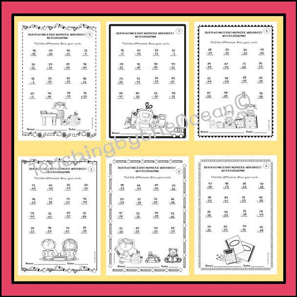 Subtracting 2 Digit Numbers Worksheets - Back to School Themed