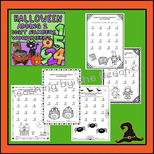 2 Digit Addition and Subtraction Worksheets - Halloween Themed