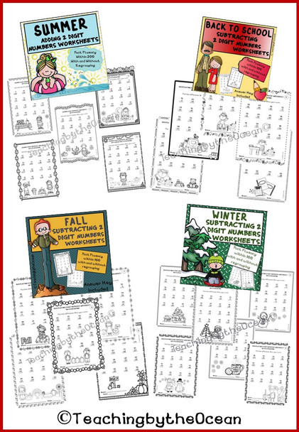 Adding and Subtracting 2 Digit Numbers Worksheets All Year BUNDLE