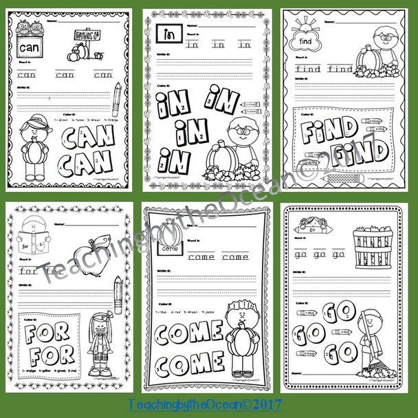 Pre-Primer Sight Words Worksheets - Fall Themed