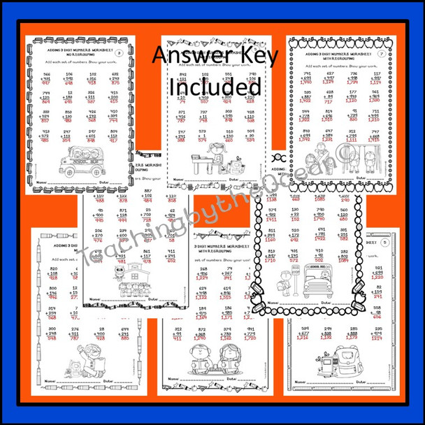 Adding 3 Digit Numbers Worksheets - Back to School Themed