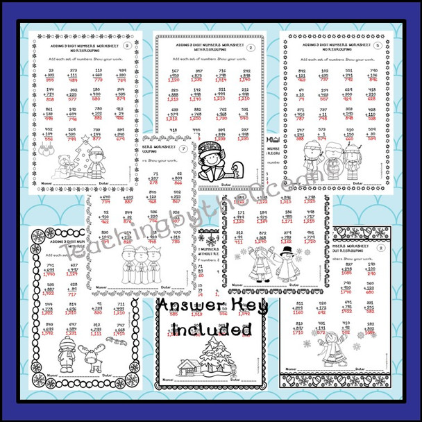 Adding 3 Digit Numbers Worksheets - Winter / Christmas Themed
