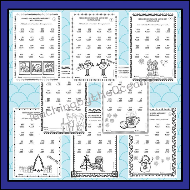 Adding 3 Digit Numbers Worksheets - Winter / Christmas Themed