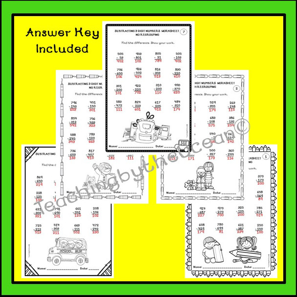 Subtracting 3 Digit Numbers Worksheets -Back to School Themed