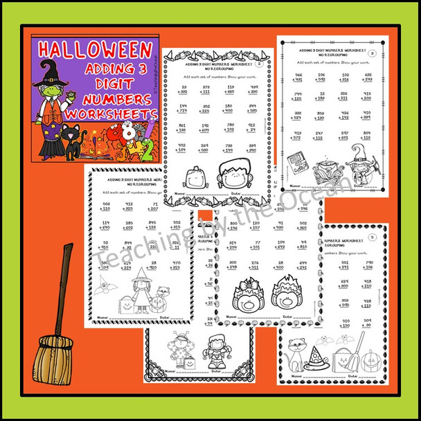 Adding and Subtracting 3 Digit Numbers Worksheets - Halloween Themed