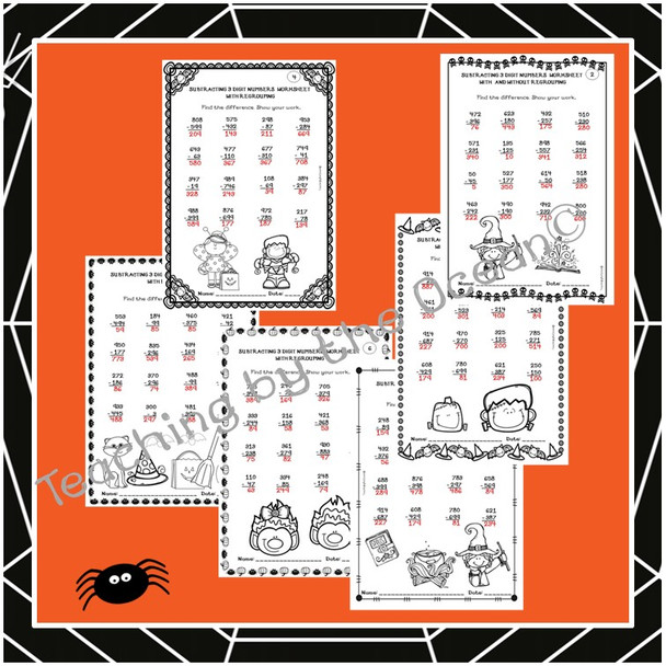 Subtracting 3 Digit Numbers Worksheets - Halloween Themed