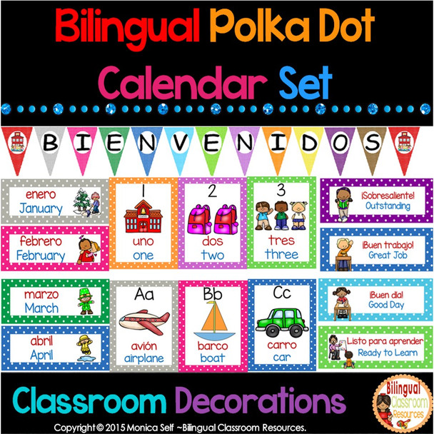 Bilingual Polka Dot Calendar Set and Classroom Decorations