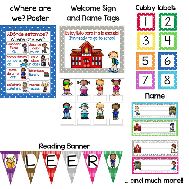 Bilingual Polka Dot Calendar Set and Classroom Decorations