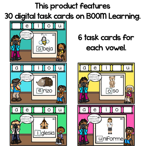 BOOM Cards Vowels in Spanish-Las vocales-Sonido inicial (Distance Learning)