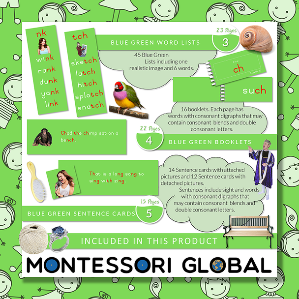 Montessori Blue Green Reading Series - Consonant Blends, Double Consonants

