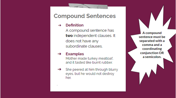 Direct instruction on the concepts of the simple sentence, the compound sentence, the complex sentence, and the compound complex sentence. 