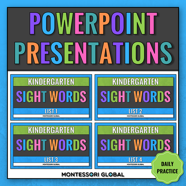 Sight Word PowerPoint Presentations
Learn kindergarten sight words with sight word PowerPoint presentations that can be projected onto any white surface daily. These activities are most effective when combined with movement activities.