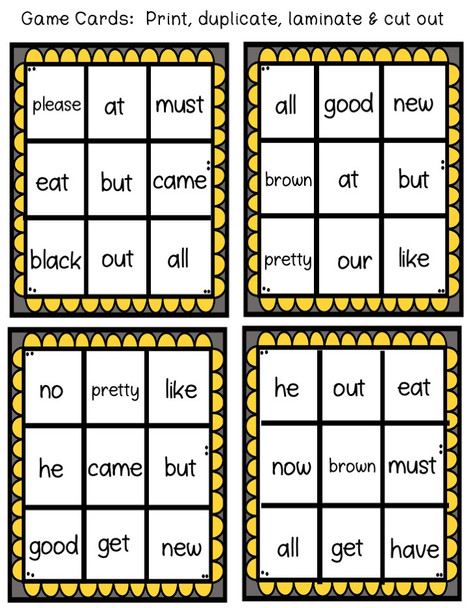 4 Bingo Cards/ print, laminate and cut out