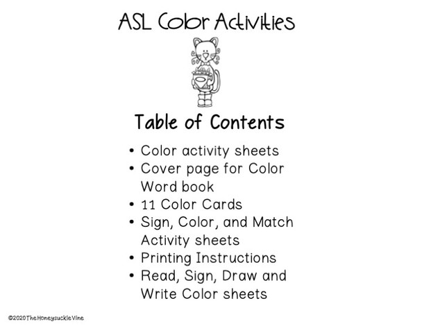 ASL Color Activities Table of Contents