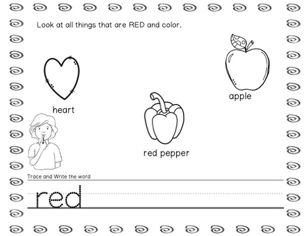 Color images, sign and write color word worksheet