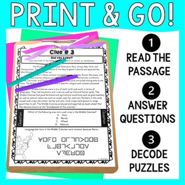 13 Colonies ESCAPE ROOM: Reading Comprehension - Print & Go!