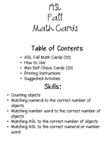 ASL Fall Math Cards Table of Contents