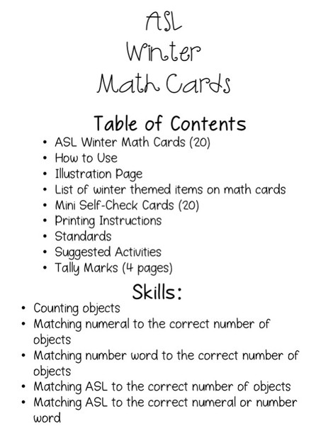 ASL Winter Math Cards Table of Contents