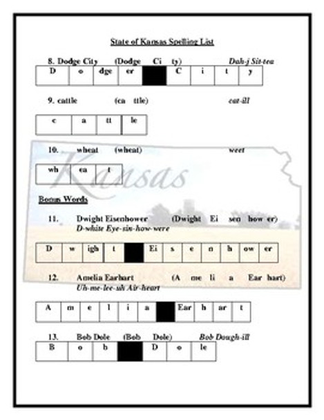 State of Kansas Spelling List