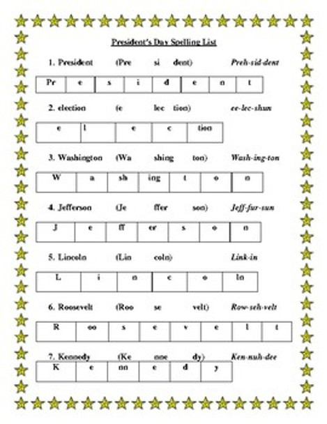 President's Day Spelling List
