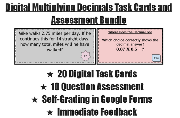 Digital Multiplying Decimals Task Cards and Assessment Bundle