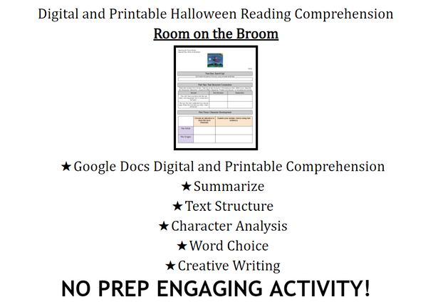 Google Halloween Reading Comprehension: Room on the Broom for Upper Elementary