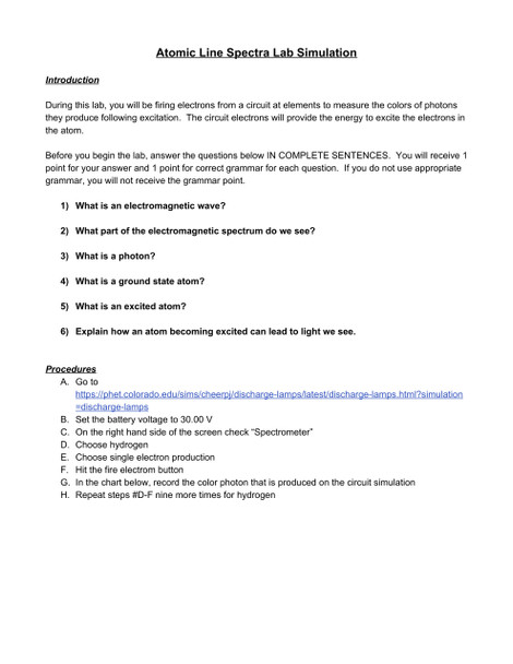 Atomic Line Spectra Lab Simulation 