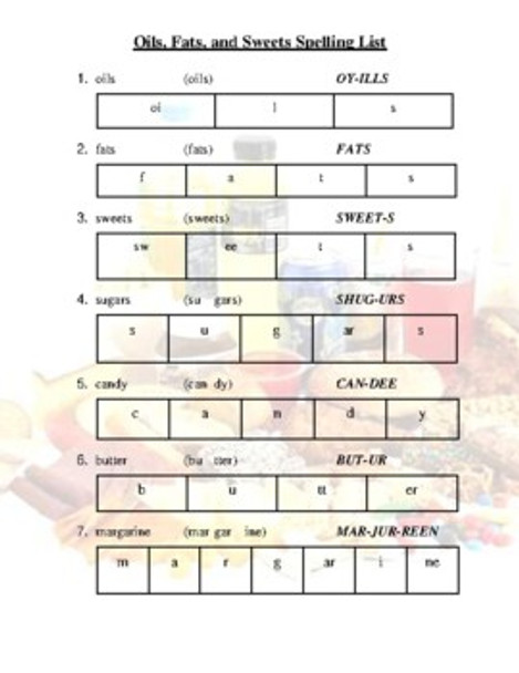 Oils, Fats, and Sweets Spelling List (Grades 2-4)